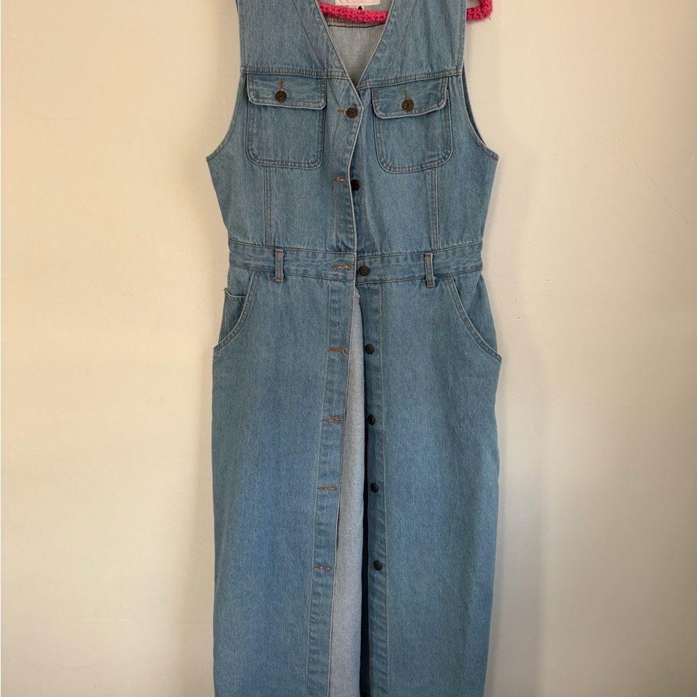 Vintage 90s Denim Midi Dress — Button Front, Belted Waist, Utility Pockets